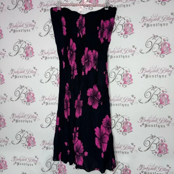 Dress Hawaii hibiscus 🌺 flowers pink black strapless ribbon 🎀 bow tie up slit - Picture 5 of 10